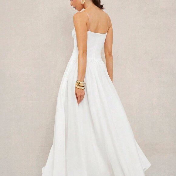 White Boho Women's Beach Vacation Long Dress With Bandeau Top - Picture 6 of 7